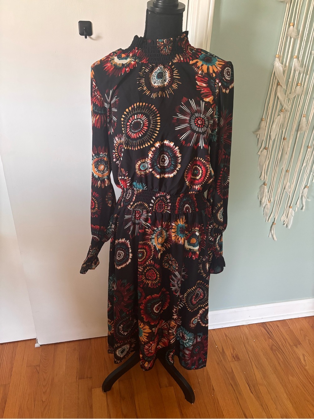 Black Floral Print Smocked-Waist Long Sleeve Dress